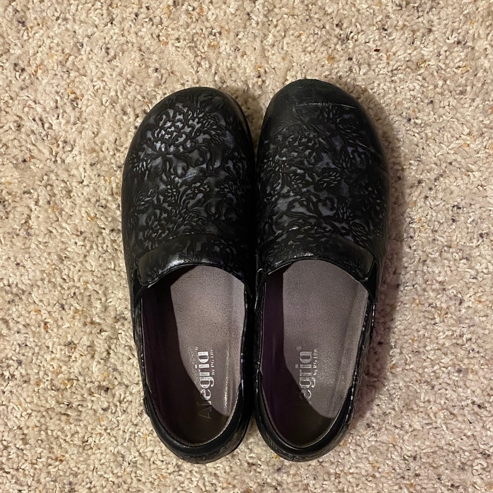 Alegria Black Embossed Floral Loafers